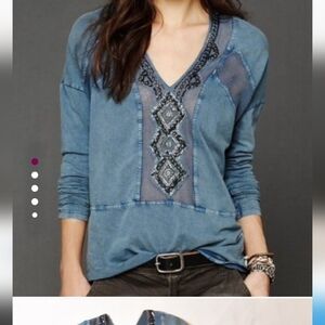 Small Free People Long Sleeve Beeded With Sheer Spots Top